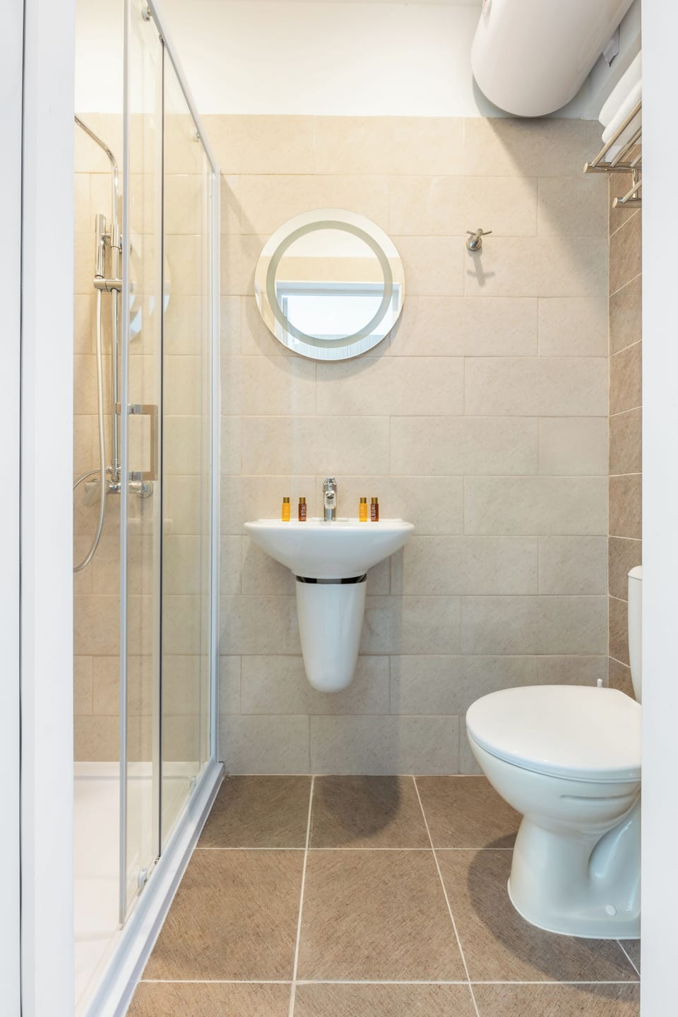 Shower, free toiletries, towels, soap