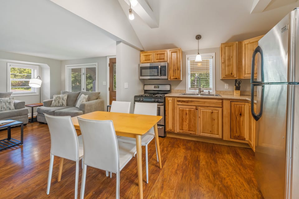 Eat in kitchen offers a stove and refrigerator. No dishwasher on site.