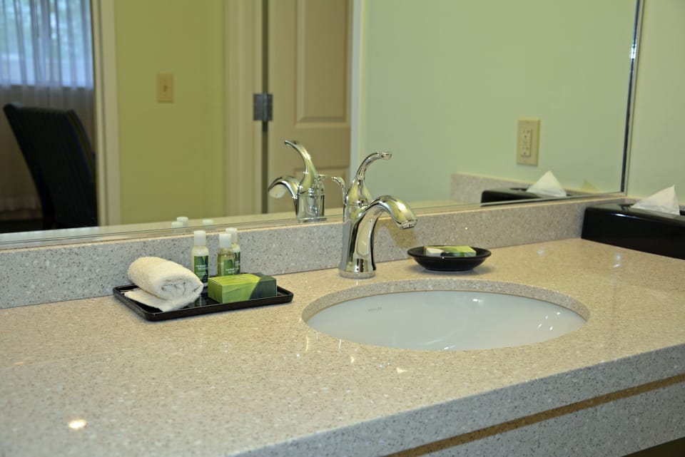 Combined shower/tub, hair dryer, towels