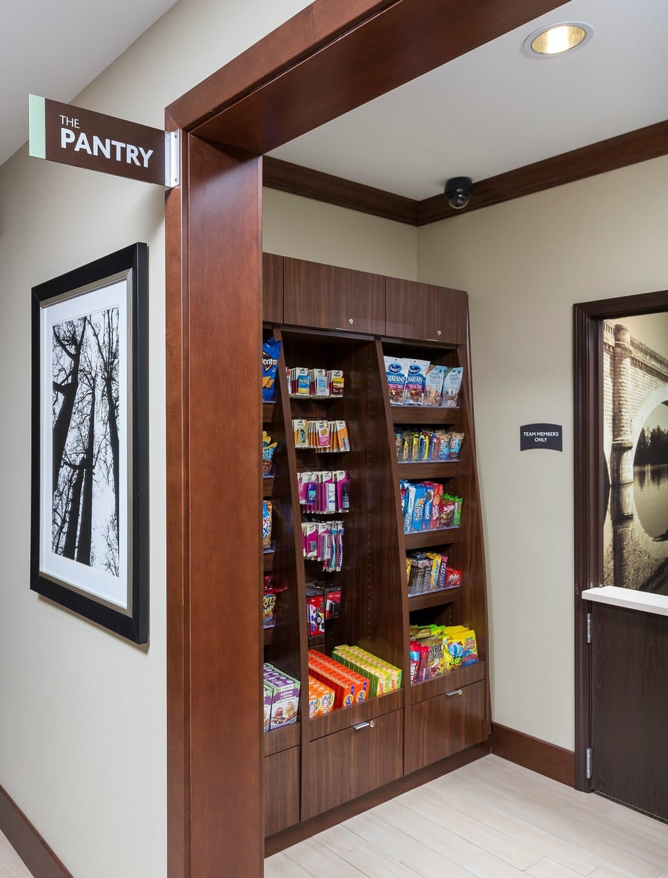 On-site pantry stocked with snacks and beverages.