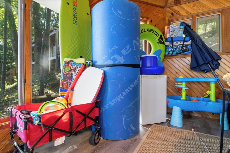 Fully stocked with lake toys and gear for endless outdoor fun.