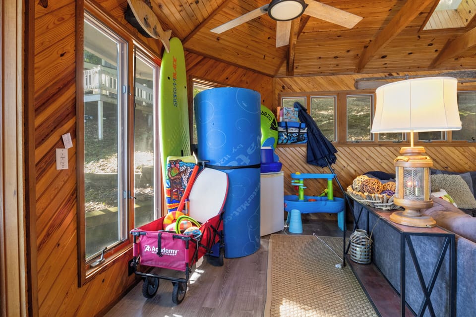 Stocked with lake toys and equipment for outdoor adventures.