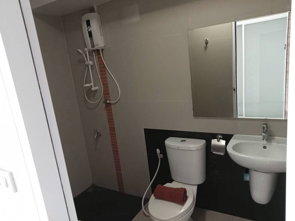 Shower, towels, soap, toilet paper