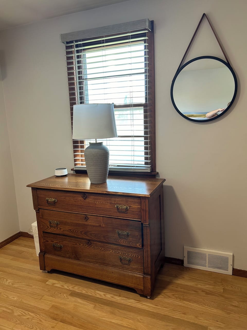 Full dresser in bunk bedroom, with lamp and sound machine, & large closet.