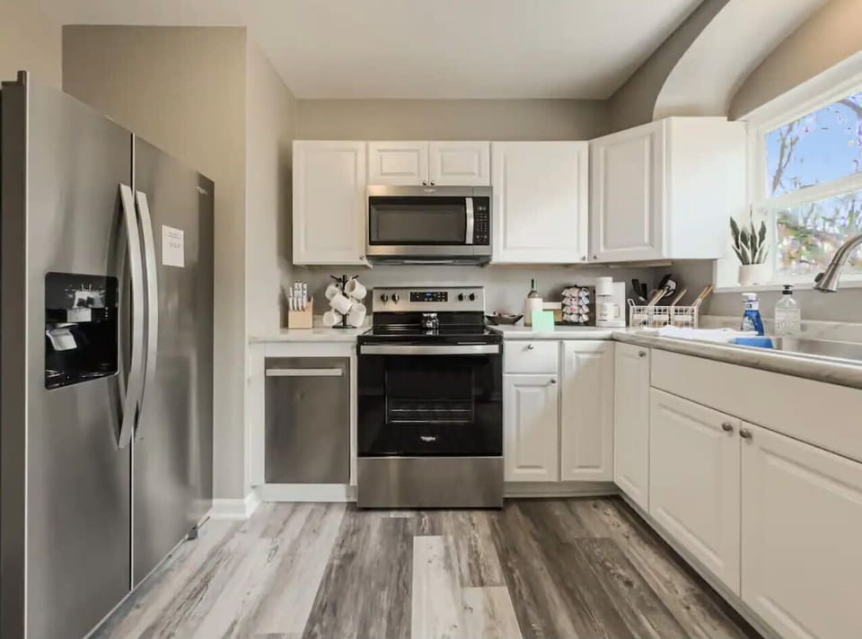 Our kitchen is fully equipped with stainless steel appliances.