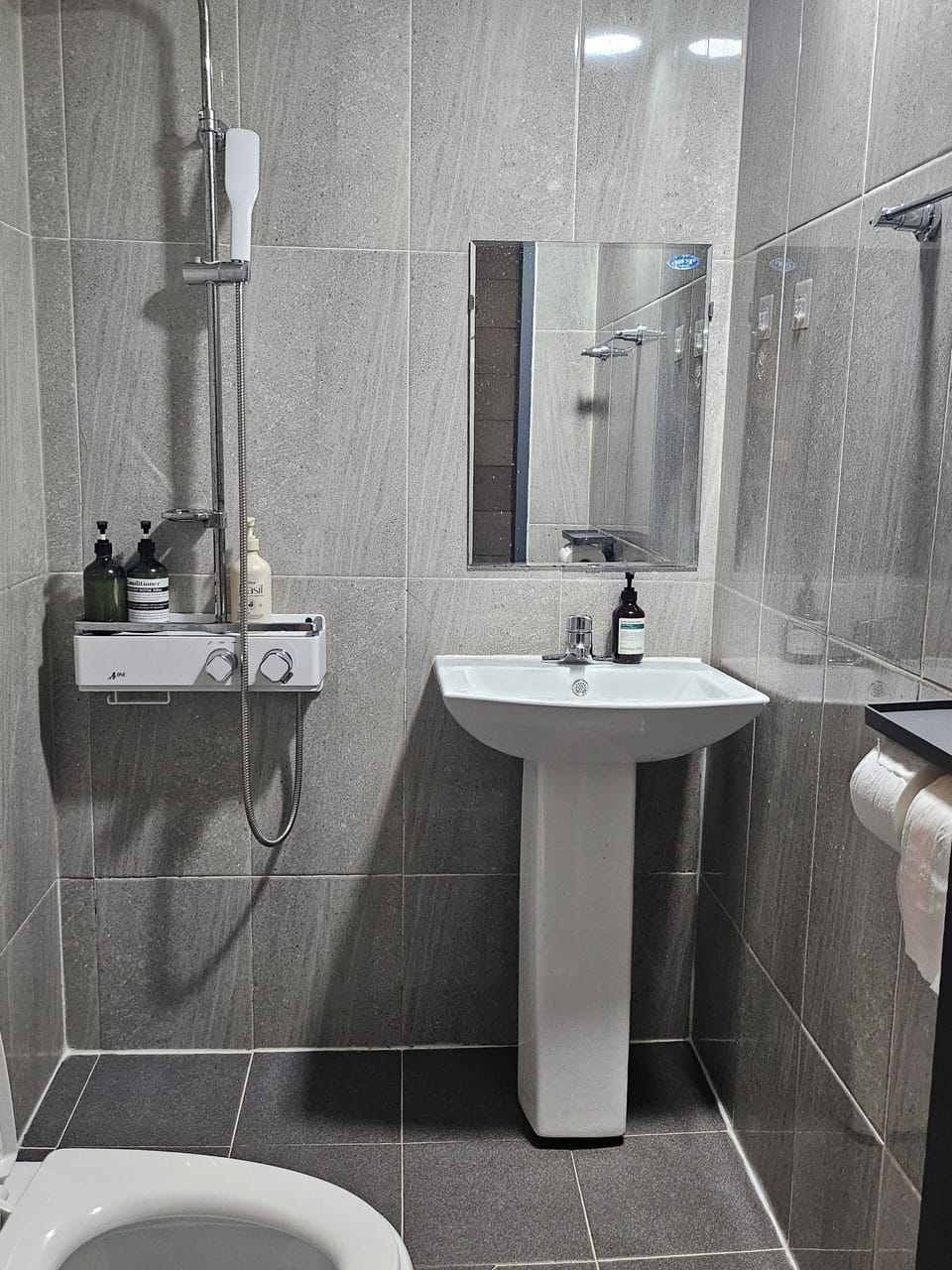 Shower, hair dryer, slippers, towels