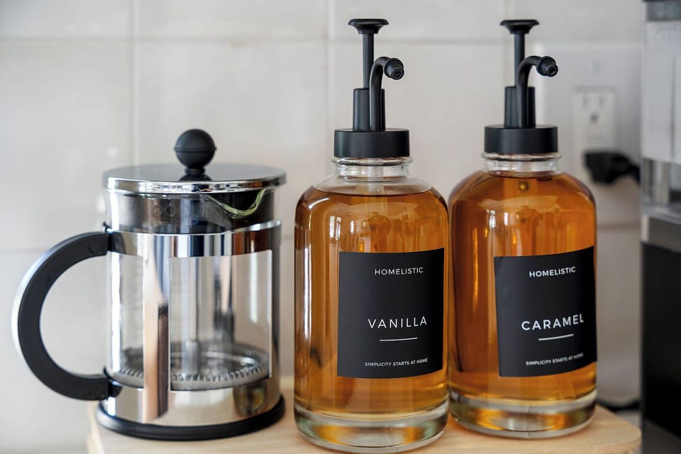 Coffee Bar / Station - Vanilla & Caramel Coffee Syrup & a French Press - Yum!