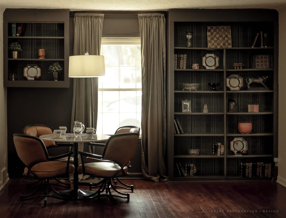Another moody picture of the card table. Built Ins have several books to read!