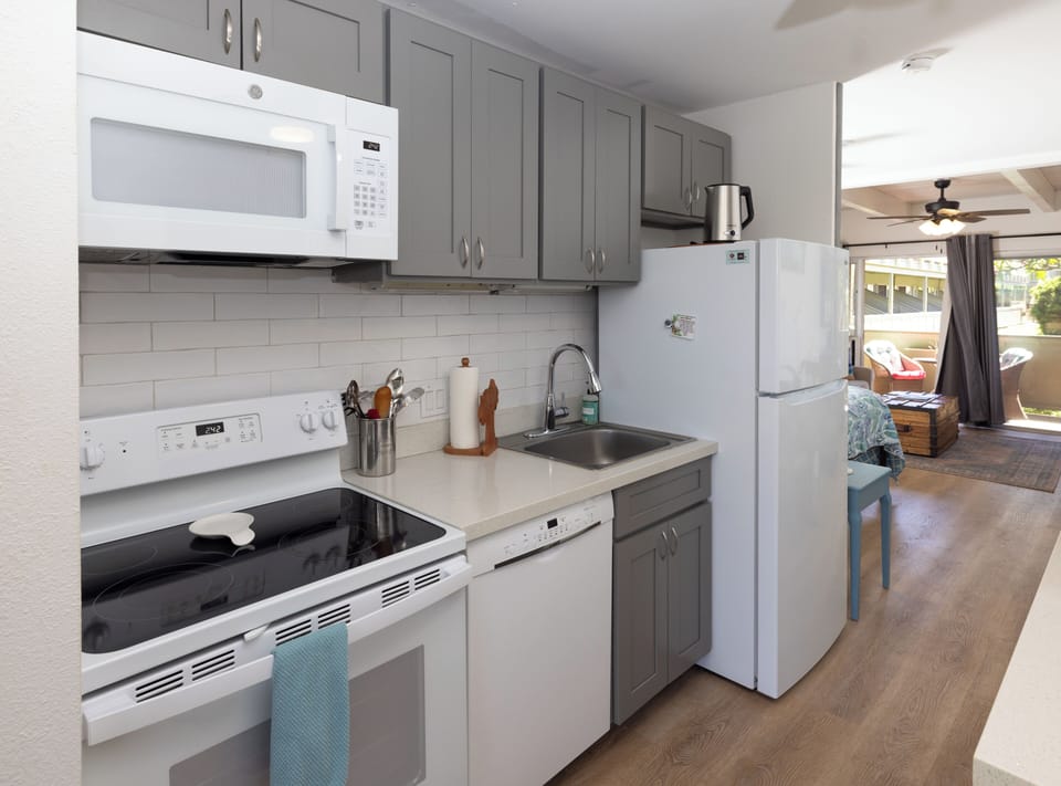 Fully equipped kitchen with everything you could need for your stay.