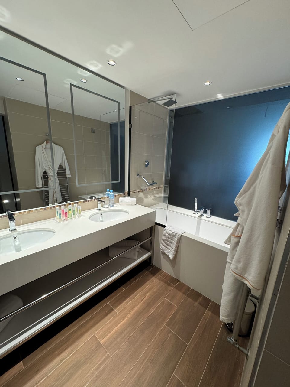 Hair dryer, towels, soap, shampoo