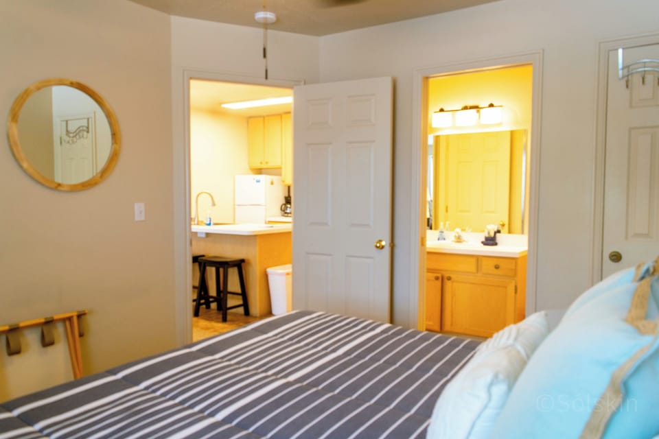 View over king bed into kitchen and vanity area.