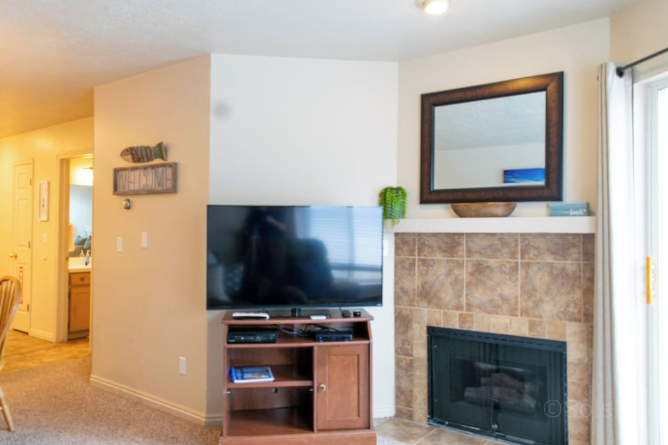 View of TV and fireplace.