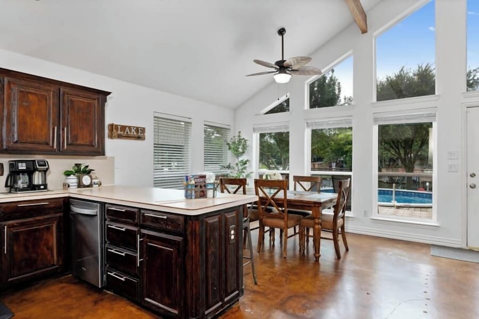 Kitchen is open to dining area.