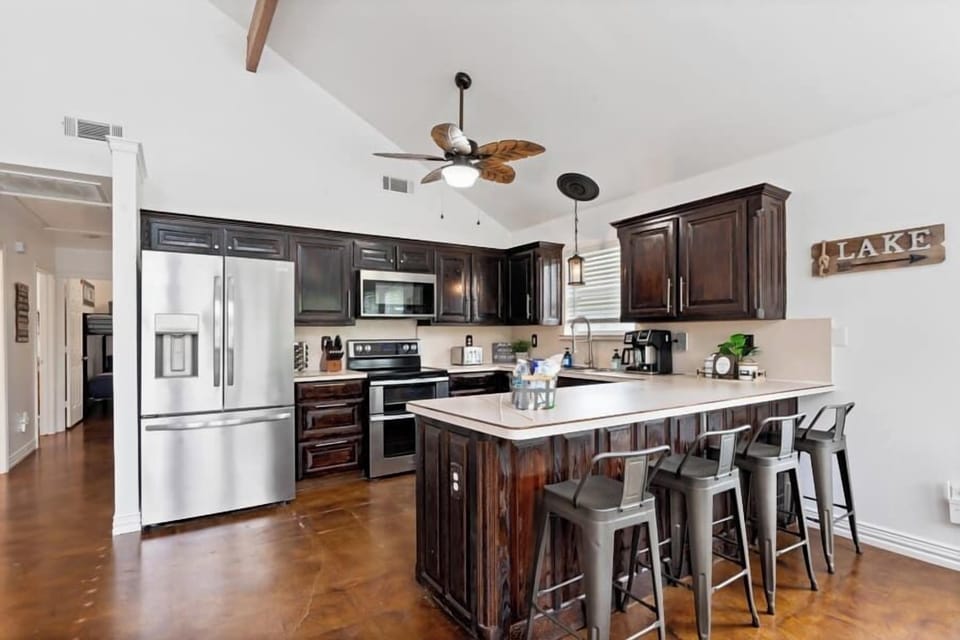 Large fully stocked kitchen.