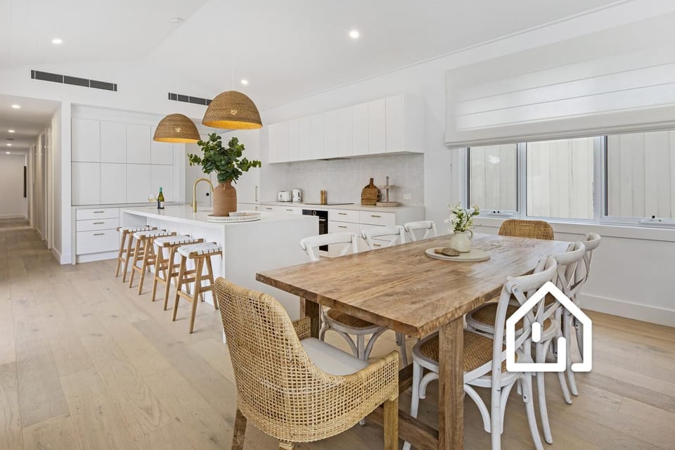Indoor dining setting for eight and breakfast bar for four