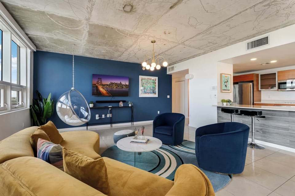 A curated space designed for relaxation, featuring designer furniturewith our beautiful statement piece the hang chair 