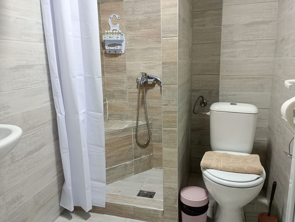 Shower, free toiletries, hair dryer, slippers