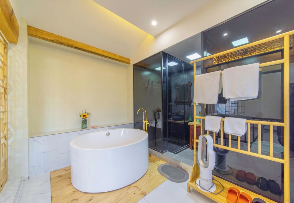 Hair dryer, towels, soap, shampoo