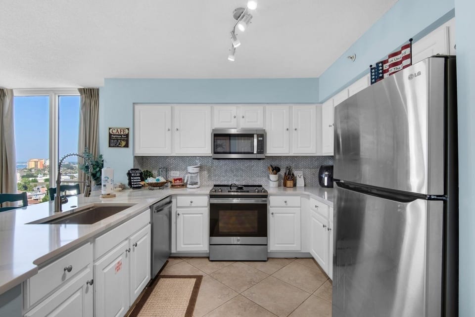 Indoors, Kitchen, Sink, Refrigerator, Microwave