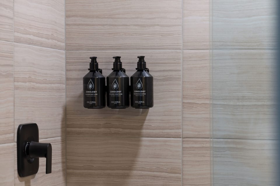 Hair dryer, towels, soap, shampoo