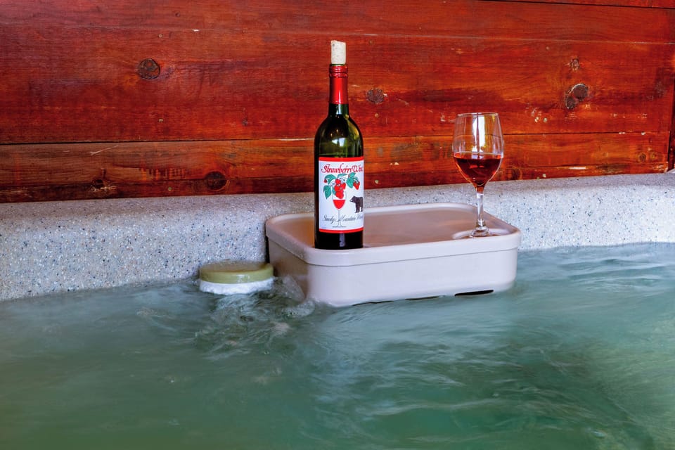Cozy cabin soak with a splash of indulgence—bubbles, wine, and woodsy vibes.