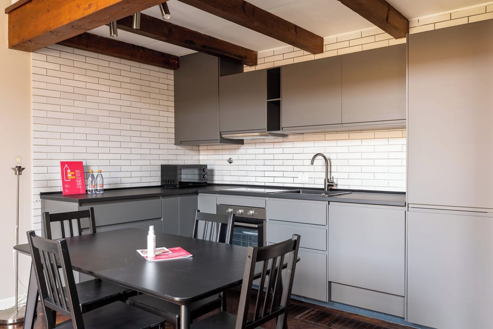 Apartment | Private kitchen | Full-size fridge, microwave, oven, stovetop