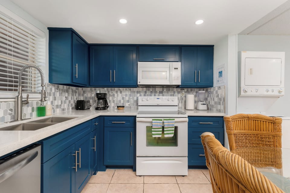 Enjoy our renovated kitchen which includes an oven, stove top, microwave, along with kitchen ware. We do have a coffee pot, blender, and toaster available for use.