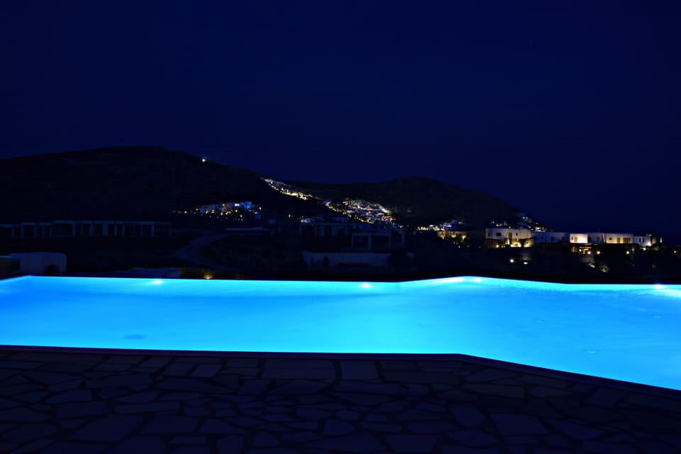 view of the pool at night