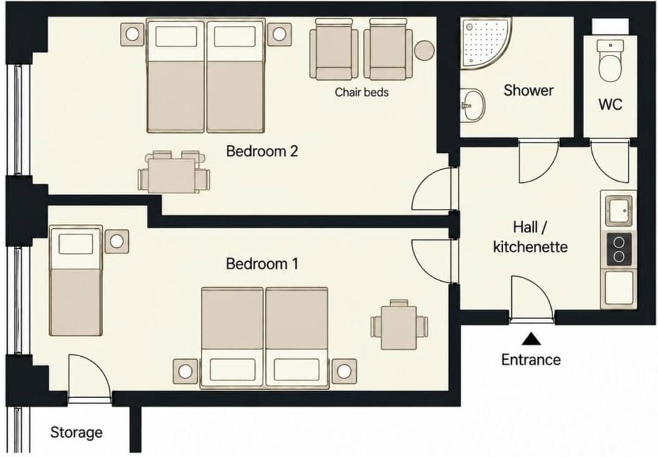 Floor plan — not to scale. Furniture illustrative.