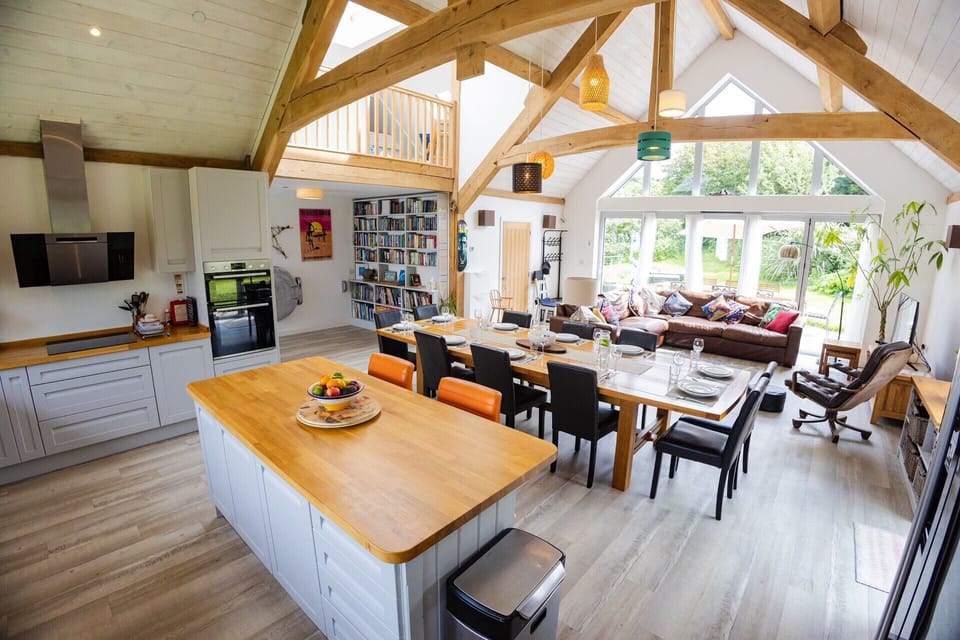 open plan kitchen diner with mezzanine