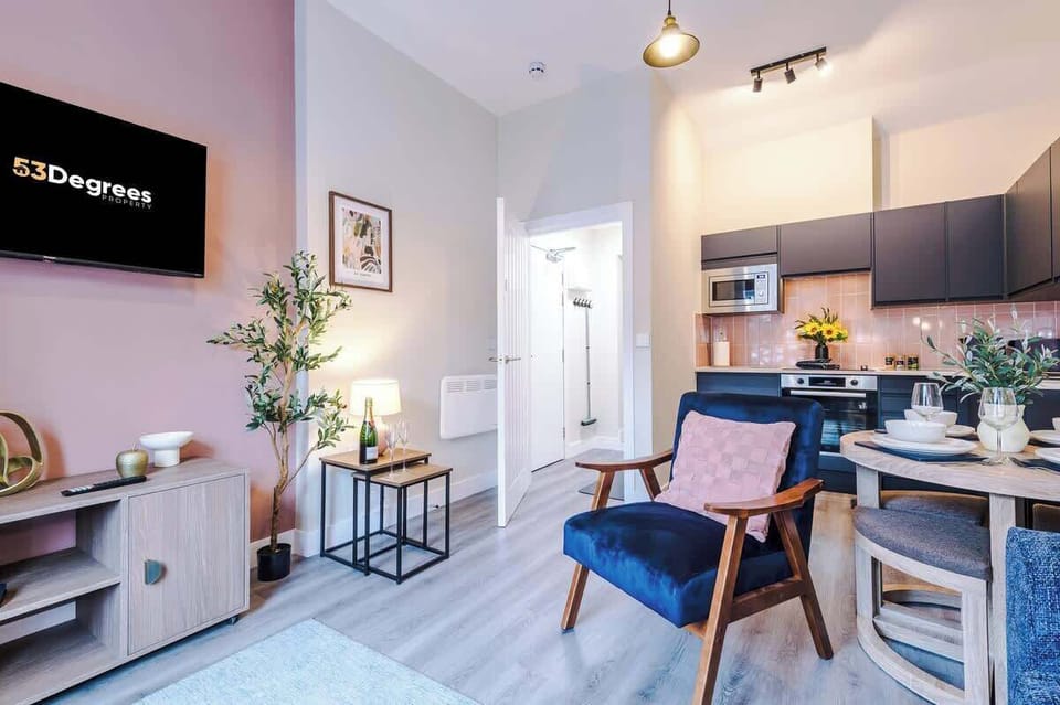 The spacious open-plan living space benefits from a double sofa bed, smart TV, dining area for 4 and a fully equipped kitchen.