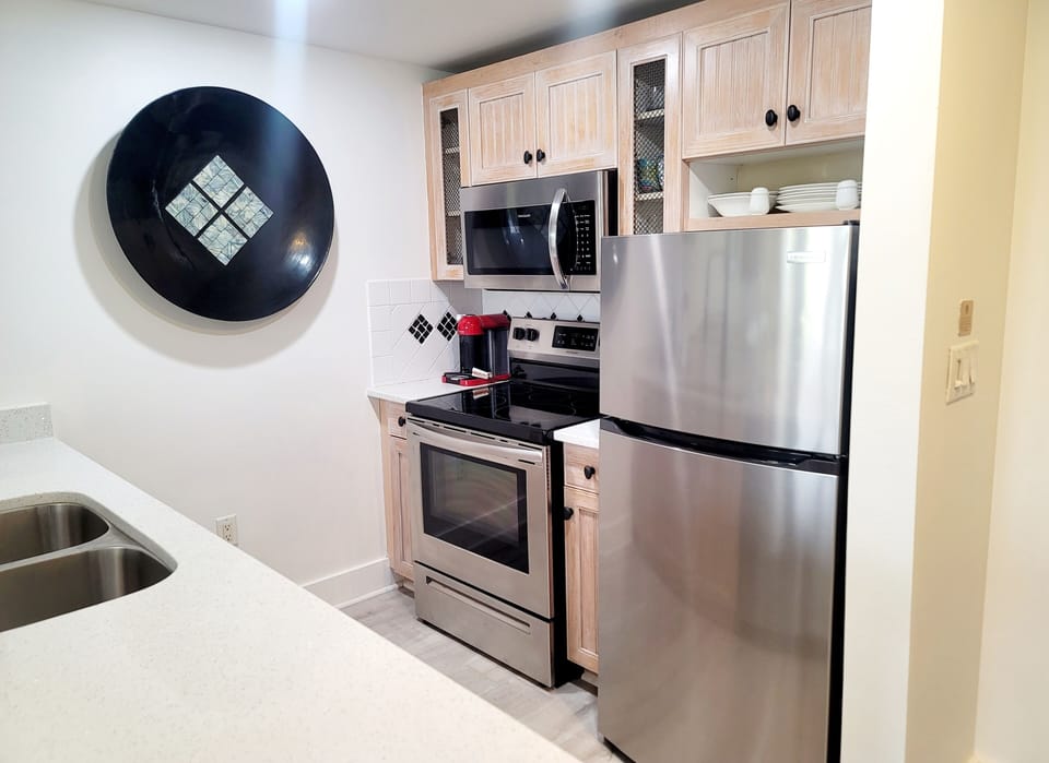 Fully-equipped kitchen with stove, microwave, refrigerator, and dishwasher