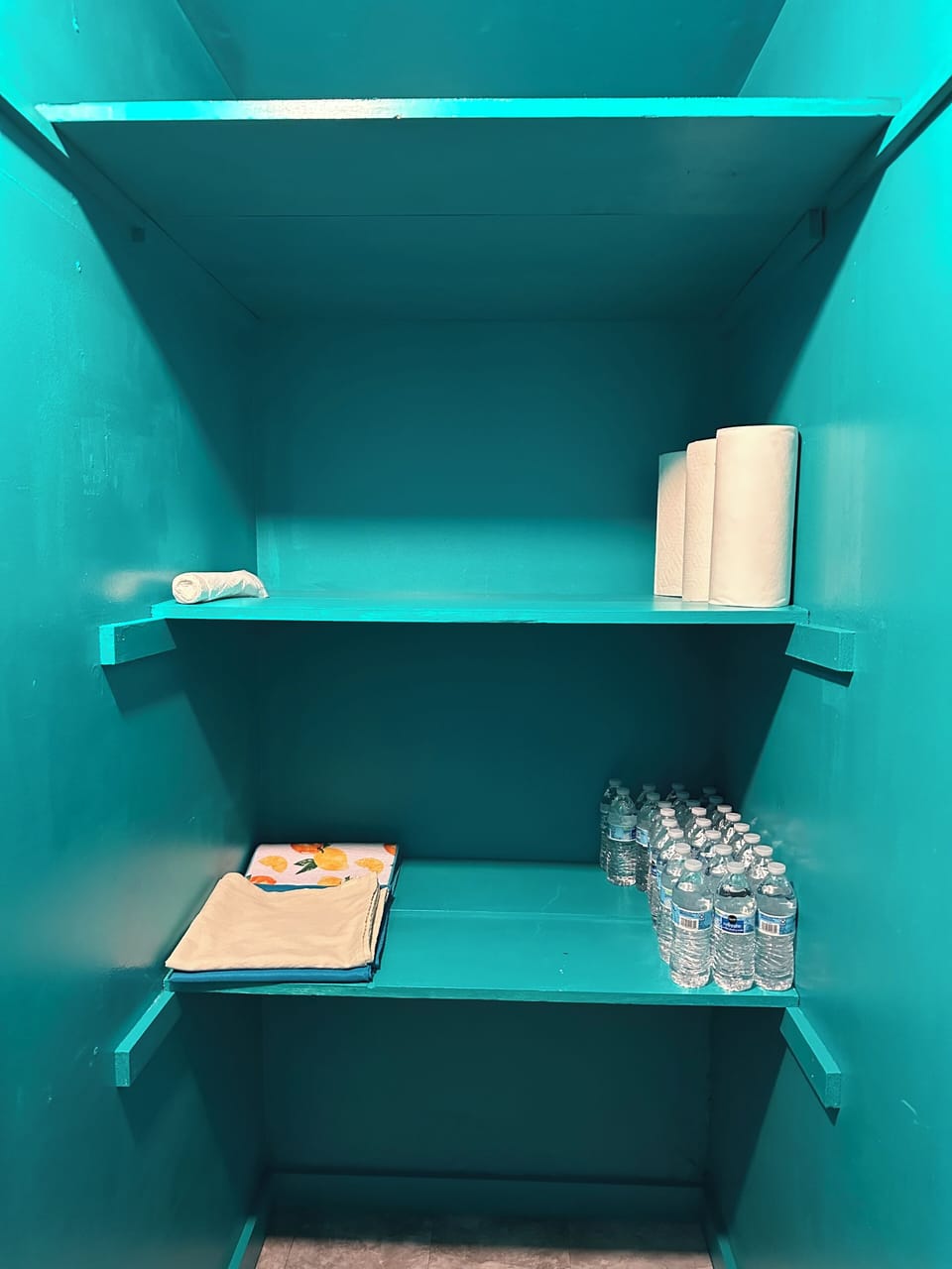 Pantry is stocked with extra linens and cleaning supplies