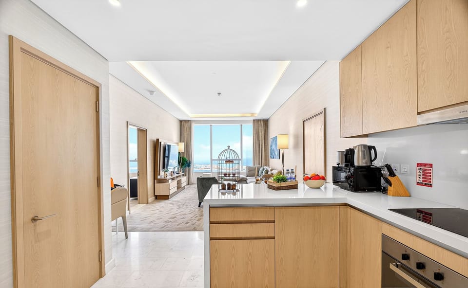 Panoramic Apartment, Sea View, Executive Level | Private kitchen | Full-size fridge, microwave, oven, stovetop