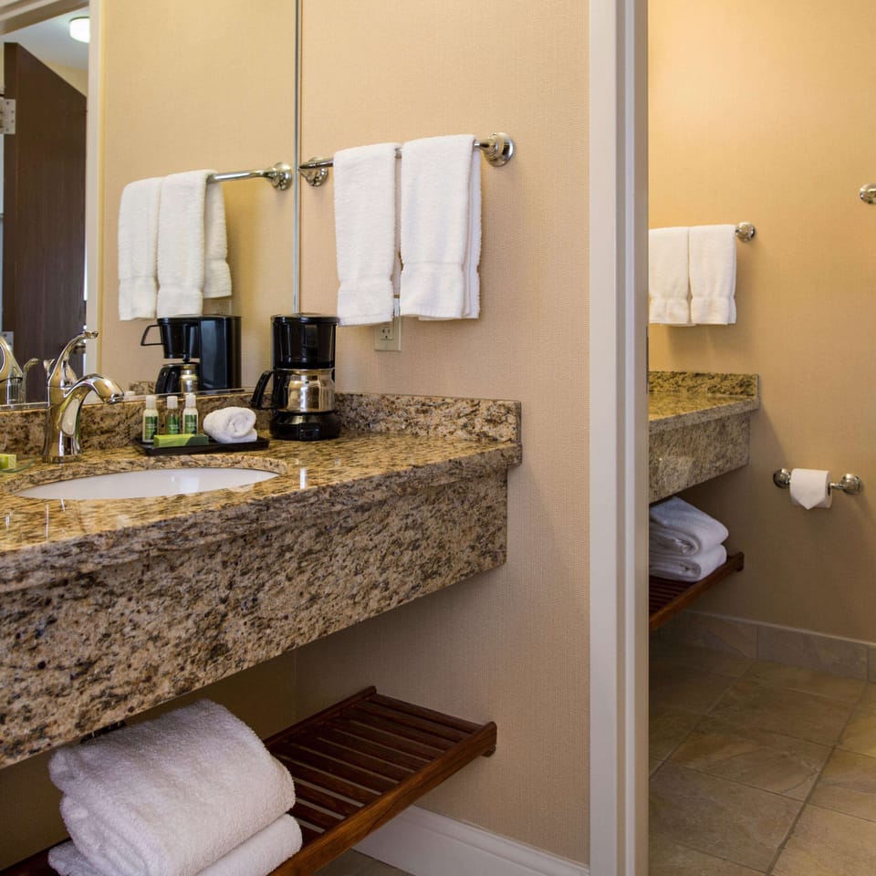 Designer toiletries, hair dryer, towels