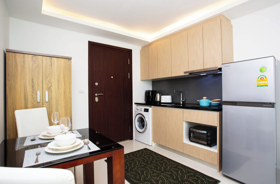 Family Apartment, Pool View | Private kitchen | Full-size fridge, oven, stovetop, toaster