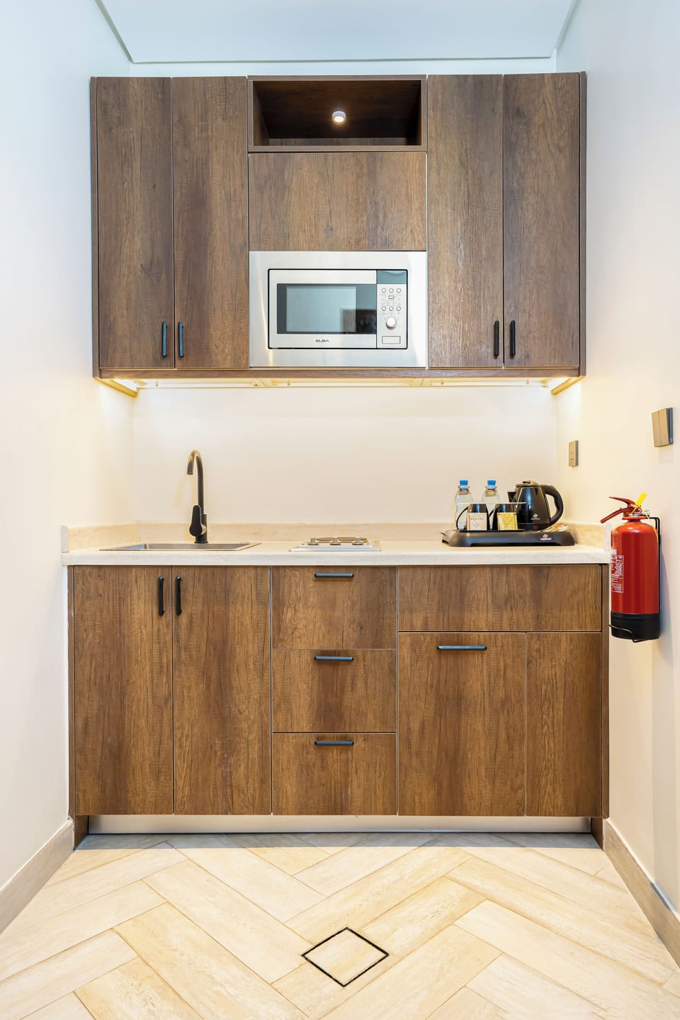 Mini-fridge, microwave, stovetop