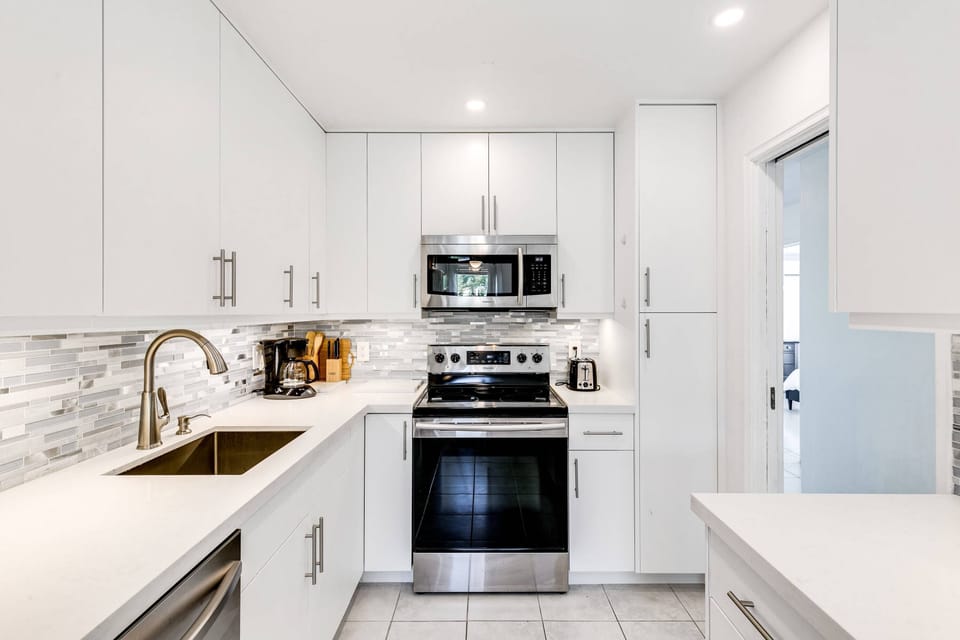 We have a fully equipped kitchen with stainless steel appliances.