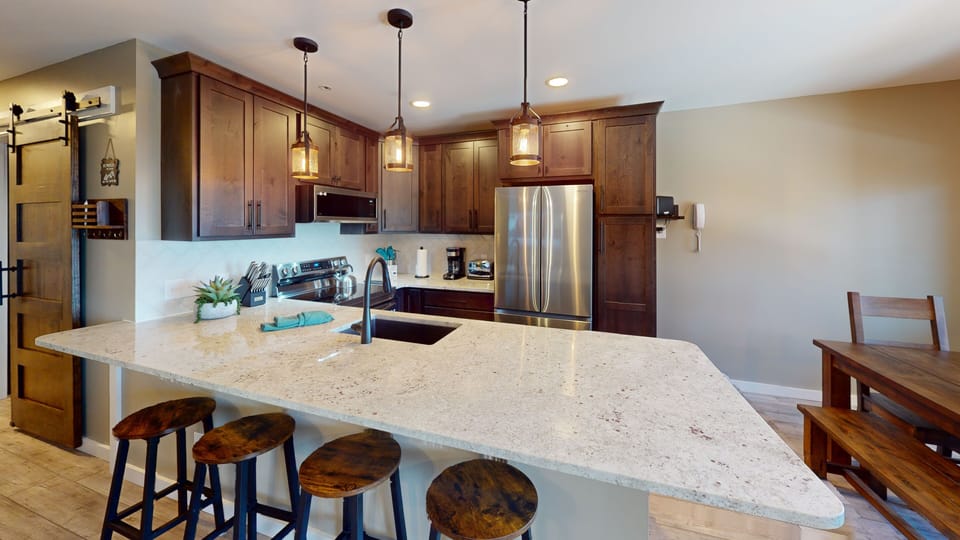 Indoors, Kitchen, Refrigerator, Sink, Hardwood