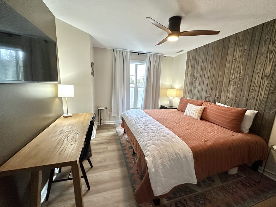 Indoors, Ceiling Fan, Hardwood, Stained Wood, Bed