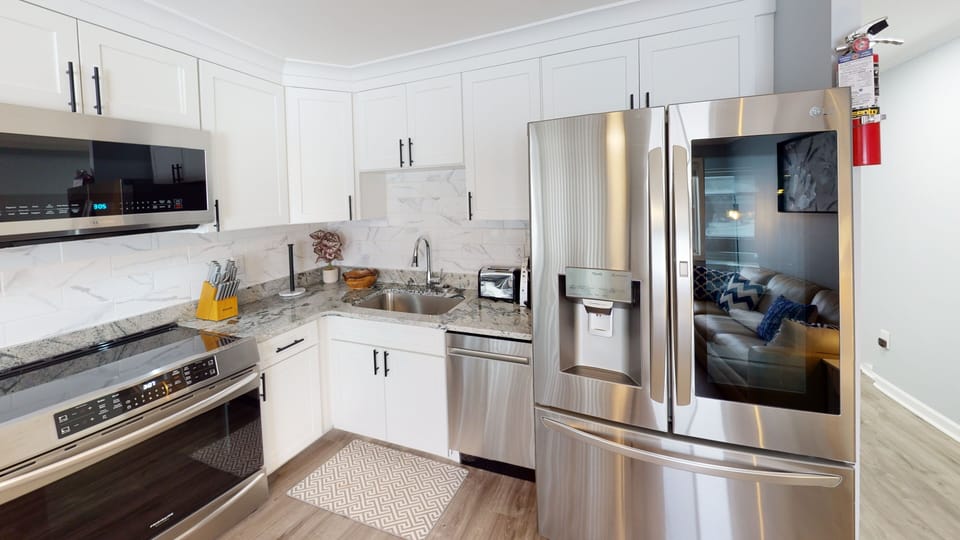 Indoors, Kitchen, Sink, Refrigerator, Microwave