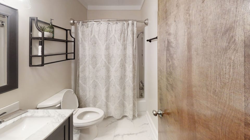 Indoors, Bathroom, Toilet, Sink, Curtain
