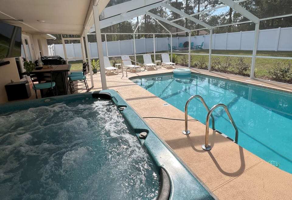 Relax by the pool during the day and head out to the firepit in the evening.