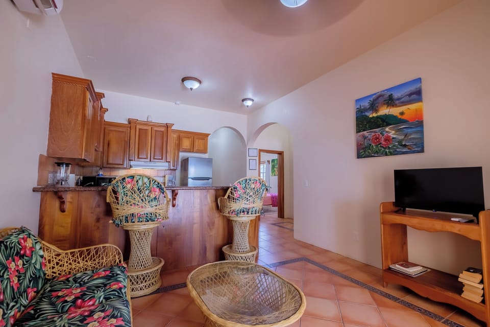 The living room with cable TV and breakfast bar.