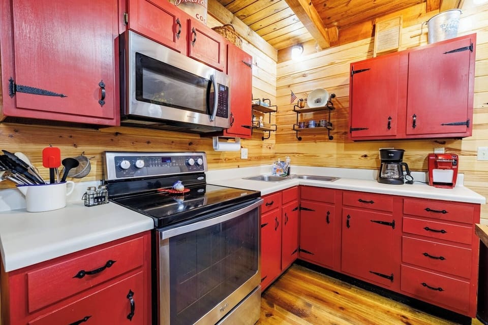 Kitchen with stainless steel appliances.