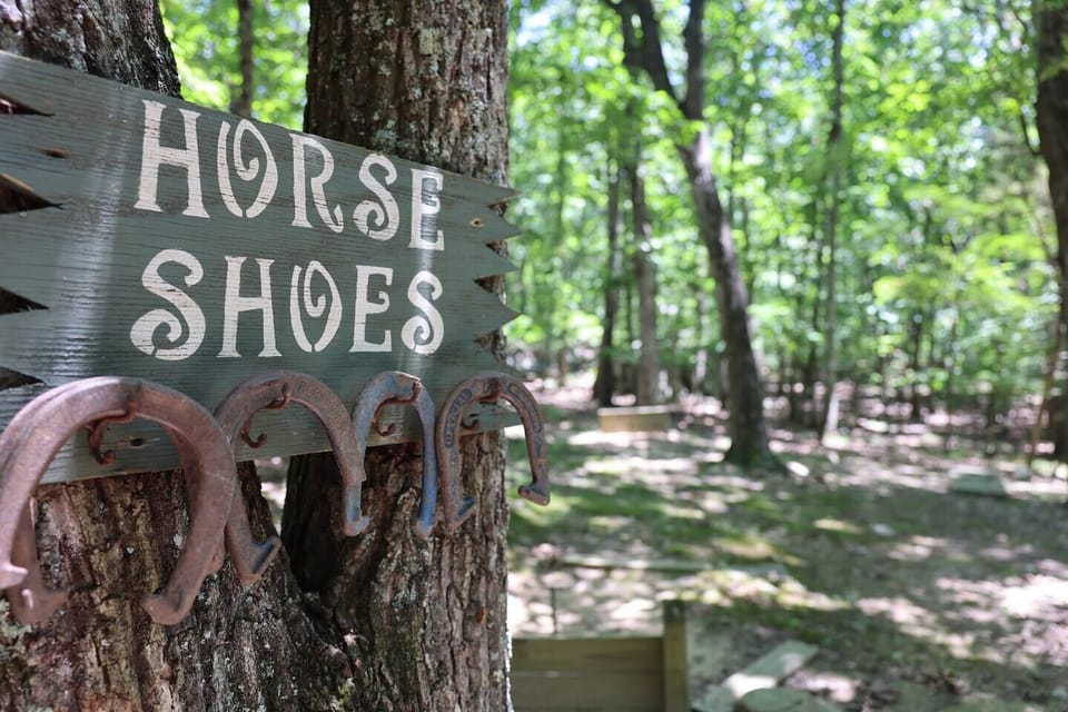 Horse shoes in the side yard of the home. Surrounded by beautiful large mossy boulders.