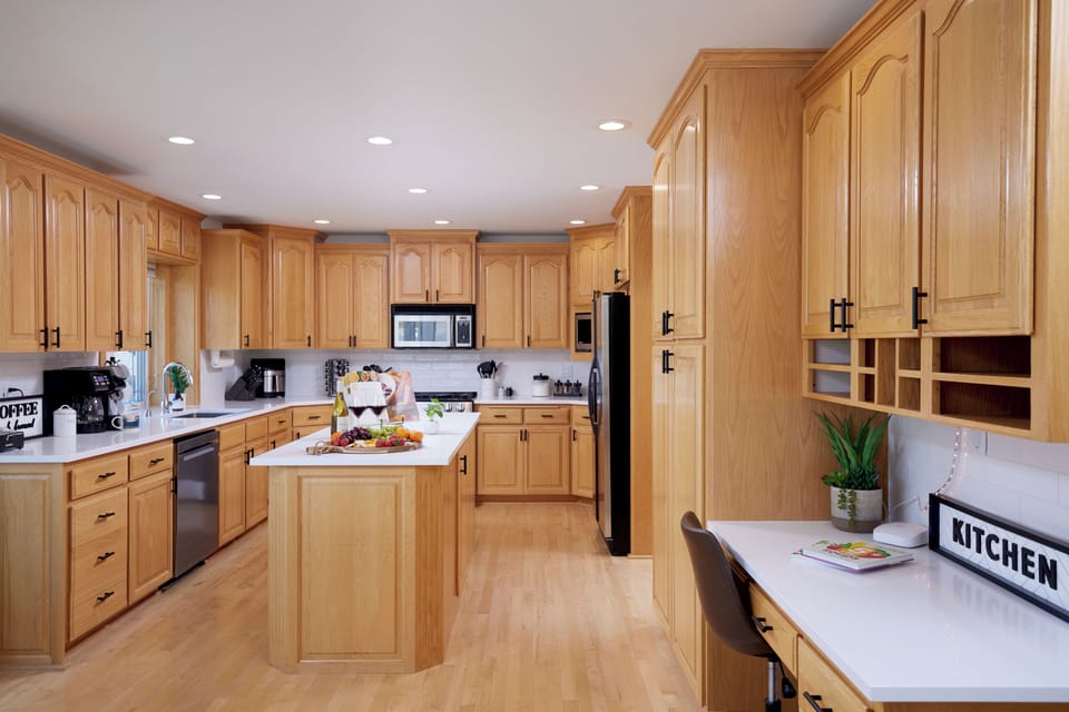 Spacious kitchen with an island and ample prep space.