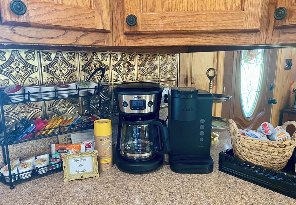 12 cup coffee maker & Keurig available. Enjoy coffee, tea, or hot chocolate.