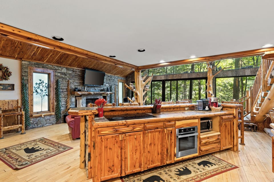 Nothing beats the warmth of a wood stove and a comfy couch to relax on.