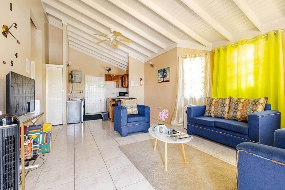 The open-plan interior connects a fully equipped kitchen with a comfortable living area